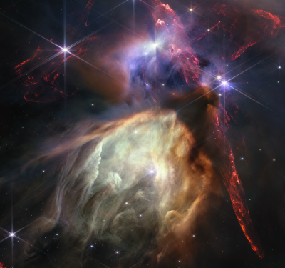Photo prise par le JWST du complexe nuageux Rho Ophiuchi, la région de formation d’étoiles la plus proche de la Terre. Cette photo a été publiée le 12 juillet 2023, soit un an après le jour où les premières images du télescope ont été rendues publiques. Photo prise par le JWST du complexe nuageux Rho Ophiuchi, la région de formation d’étoiles la plus proche de la Terre. Cette photo a été publiée le 12 juillet 2023, soit un an après le jour où les premières images du télescope ont été rendues publiques.