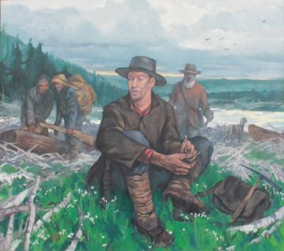 Une peinture qui représente John Robert Giscome, Henry McDame et leurs deux guides Lheidli T’enneh qui remontent la rivière de la Paix en C.-B. (Huble Homestead/Giscome Portage Heritage Society via X.) Une peinture qui représente John Robert Giscome, Henry McDame et leurs deux guides Lheidli T’enneh qui remontent la rivière de la Paix en C.-B. (Huble Homestead/Giscome Portage Heritage Society via X.)