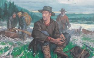 Une peinture qui représente John Robert Giscome, Henry McDame et leurs deux guides Lheidli T’enneh qui remontent la rivière de la Paix en C.-B. (Huble Homestead/Giscome Portage Heritage Society via X.)